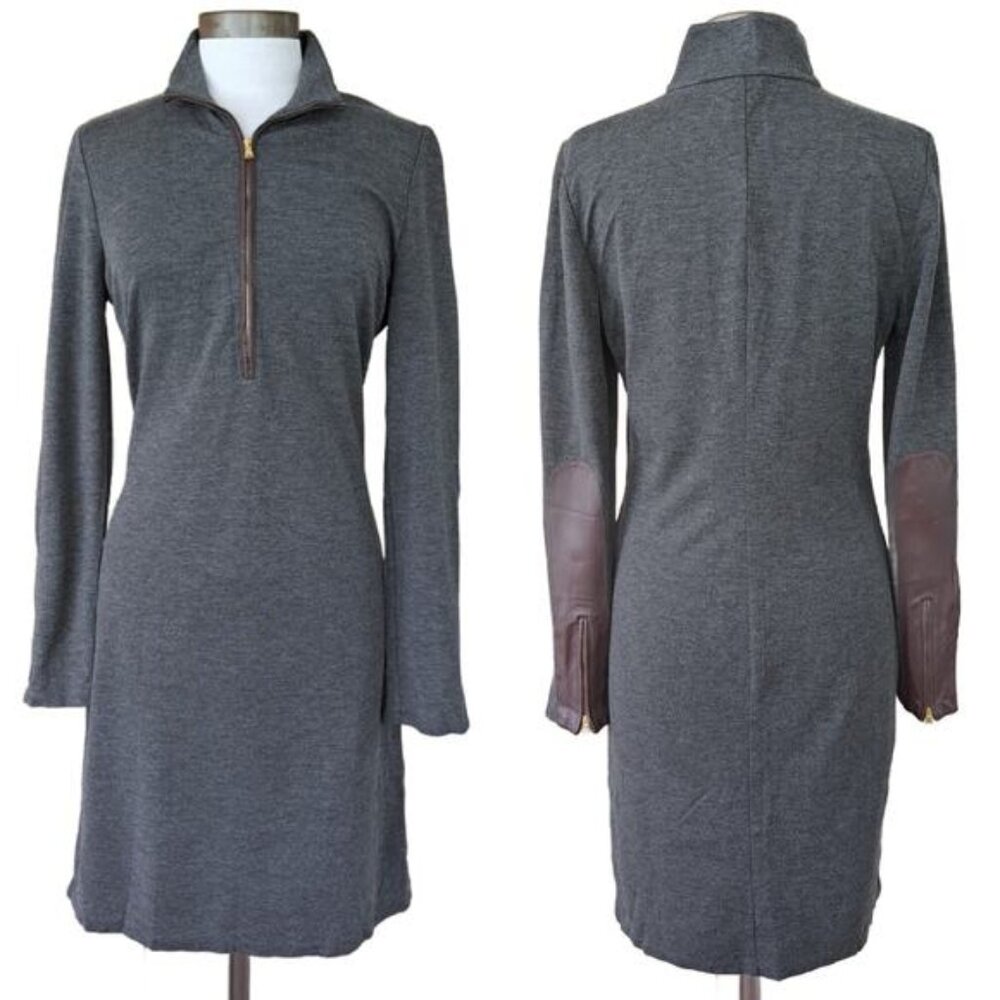 LAUREN Ralph Lauren Gray 1/4 Zip Mock Sheath Dress Size 10 Leather Long Sleeve